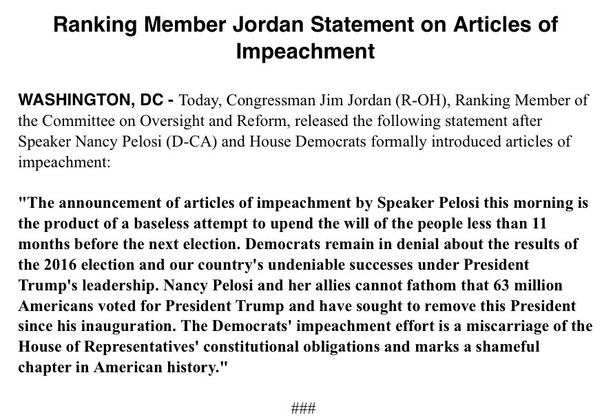 GOPoversight's tweet image. 🚨#BREAKING: Read @Jim_Jordan’s Statement on Articles of Impeachment.