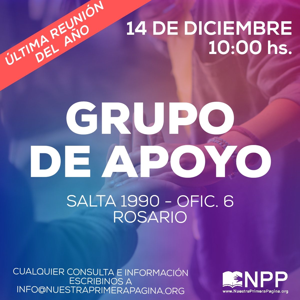ongNPP's tweet photo. Este sábado 14 de diciembre hacemos la ultima reunión del año del grupo de apoyo psicol��gico para buscadores. Los invitamos a acercarse. Para mas información pueden escribir a info@nuestraprimerapagina.org. https://t.co/JU7Sk7HxZs