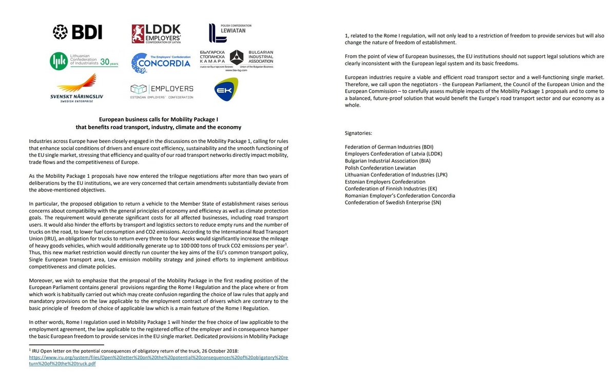 MovingEU's tweet photo. European industrialists from 10 EU MSs concerned that #MobilityPackage is not for the benefit of road transport, #SingleMarket &amp; #EU economy. Proposals on regular return home of trucks &amp; inclusion of ROME I are to blame.
#MovingEU
#freetransport.eu
👇 https://t.co/vYwFJeFmxb