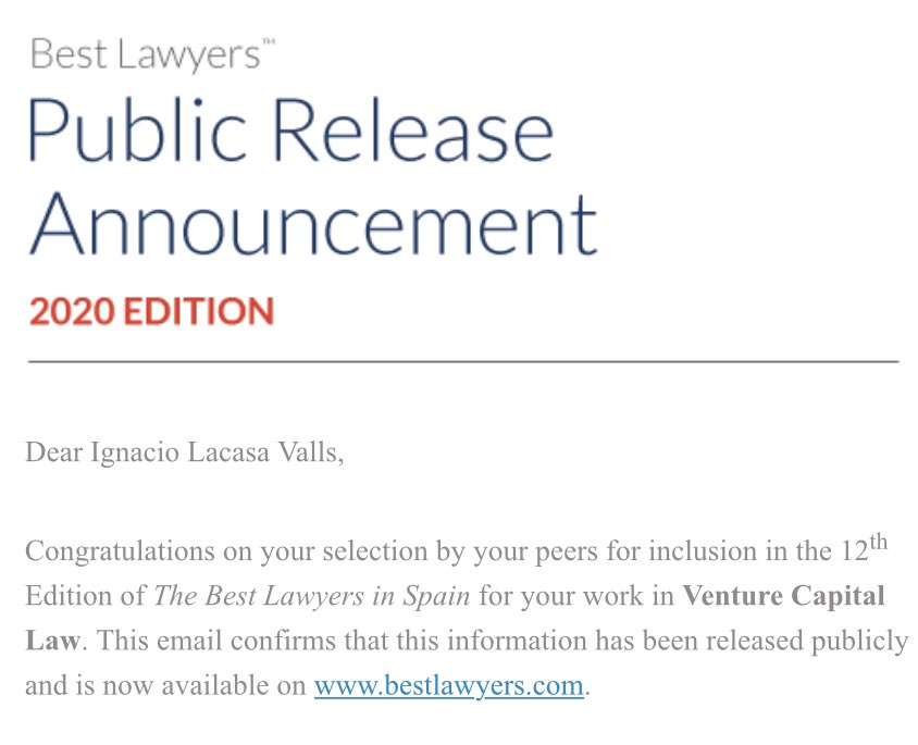 Ignacio_Lacasa's tweet photo. Gracias a @BestLawyers por haberme incluido en el ranking “The Best Lawyers in Spain 2020” en la categoría de Venture Capital. Y felicidades a todos los Socios de @AcrossLegal por su inclusión en el ranking. !Equipazo! https://t.co/Jt6rwSa26j https://t.co/UCKKspVi5D