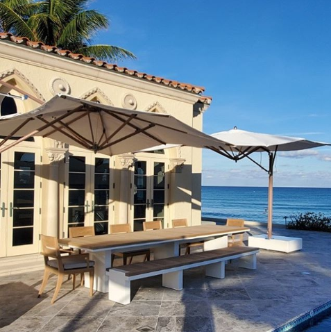 We love seeing custom creations! Check out this customized Peninsula Dining Table and Bench (alongside Peninsula Dining Chairs). Outdoor design by Luxe Furniture + Interior Design.