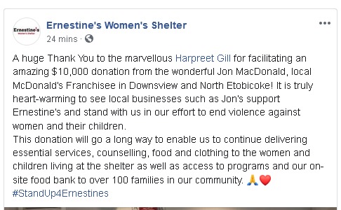 ErnestinesWS's tweet photo. A huge Thank You to the marvellous @harpreetgill__ for facilitating an amazing $10,000 donation from the wonderful Jon MacDonald, local McDonald’s Franchisee in Downsview and North Etobicoke!!! 🙏❤️
#ThankYou #StandUp4Ernestines https://t.co/xmcnLv2cGy