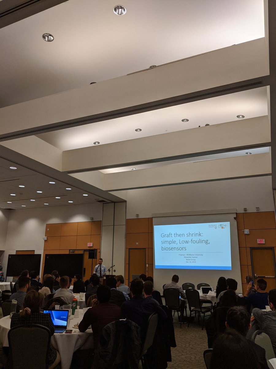 Mac_ChemEng's tweet photo. Alexander Kesner from @WylieGroup is talking about Graft then shrink: simple, low-fouling biosensors #PolyMac https://t.co/G5OIAh9grc