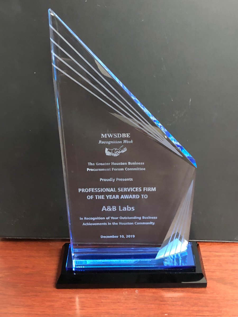 ABLabs_Enviro's tweet image. A&amp;amp;B Labs received the Professional Services Firm of the Year award today at the Greater Houston Business Procurement Forum. We are one of the largest independently owned environmental testing labs.
#diversity #quality #fastturnaroundtime #environmentaltesting