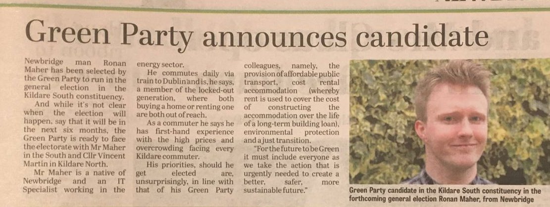 RonanMaher's tweet photo. Thanks to all at @leinsleadernews for featuring me today, great that they took the time to talk to me. Still finding strange to see myself in the paper, but hopefully won't be the last time. Now it's time to start the campaign. Lots to do in the coming months. @GreensKildare https://t.co/HDL4sYDhXP