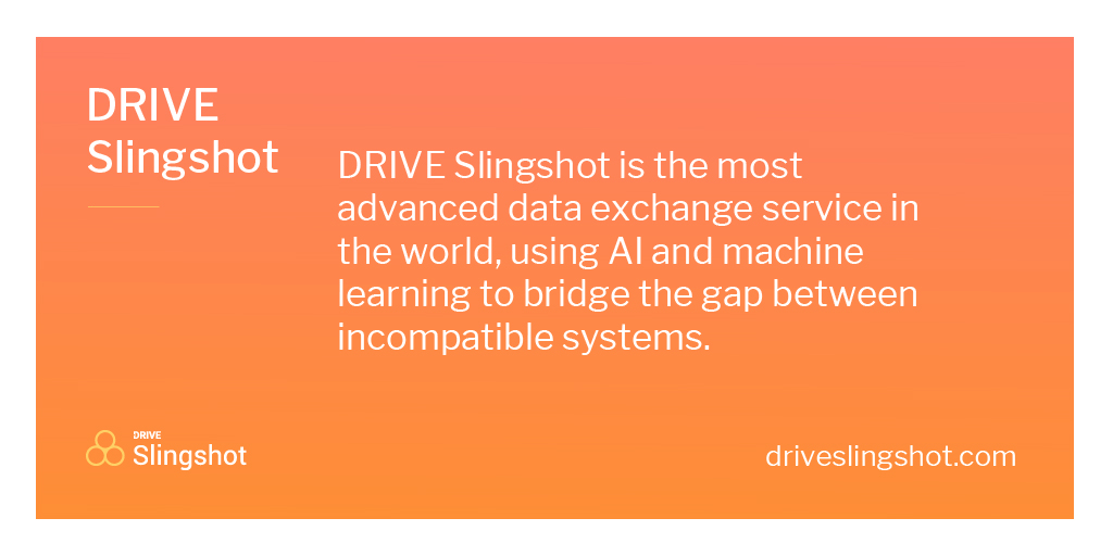 DRIVEinsider's tweet photo. DRIVE Slingshot is the most advanced data exchange service in the world, using AI and machine learning to bridge the gap between incompatible systems. https://t.co/rXWsMjuA0r #interoperabledata #dataexchange #blockchain #DRIVEslingshot #AI https://t.co/uEn5rDwuwF