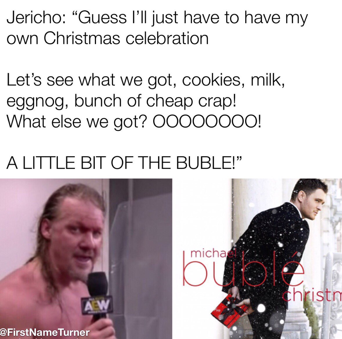 FirstNameTurner's tweet photo. @IAmJericho only deserves the best.
@MichaelBuble 
#alittlebitofthebubbly 
#AEW #LeChampion #ThankYouJericho https://t.co/qJ5078GlcP