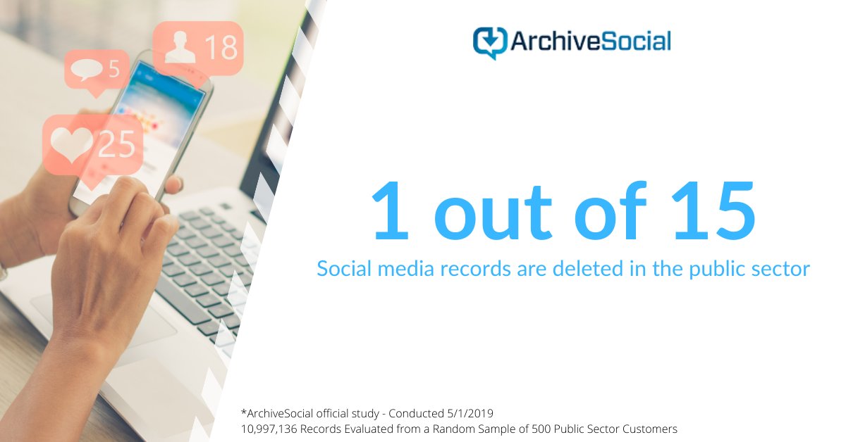 ArchiveSocial's tweet image. Did you know that 1 out of 15 social media records are deleted in the public sector? #WhyWeArchive #WebinarRecap