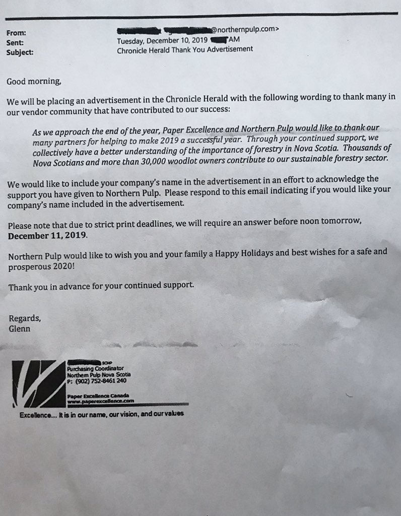 dave_gunning's tweet photo. Northern Pulp has sent a letter to businesses asking if they’ll add their names as supporters in an ad going in the Herald. They’ve been doing a lot of business with @chronicleherald lately. It’ll be interesting to see who chooses to publicly support NP. #noextension #nopipe https://t.co/ooTvRDI9Yr