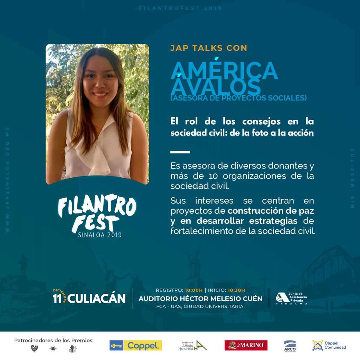 Japdesinaloa's tweet photo. 👉 Culiacán, este 11 de diciembre te esperamos con América Ávalos en la conferencia "El rol de los consejos en la sociedad civil: de la foto a la acción". 
#JAPSinaloa #MásCerca #Filantrofest #DíadelaFilantropía https://t.co/PImfnMxkVO