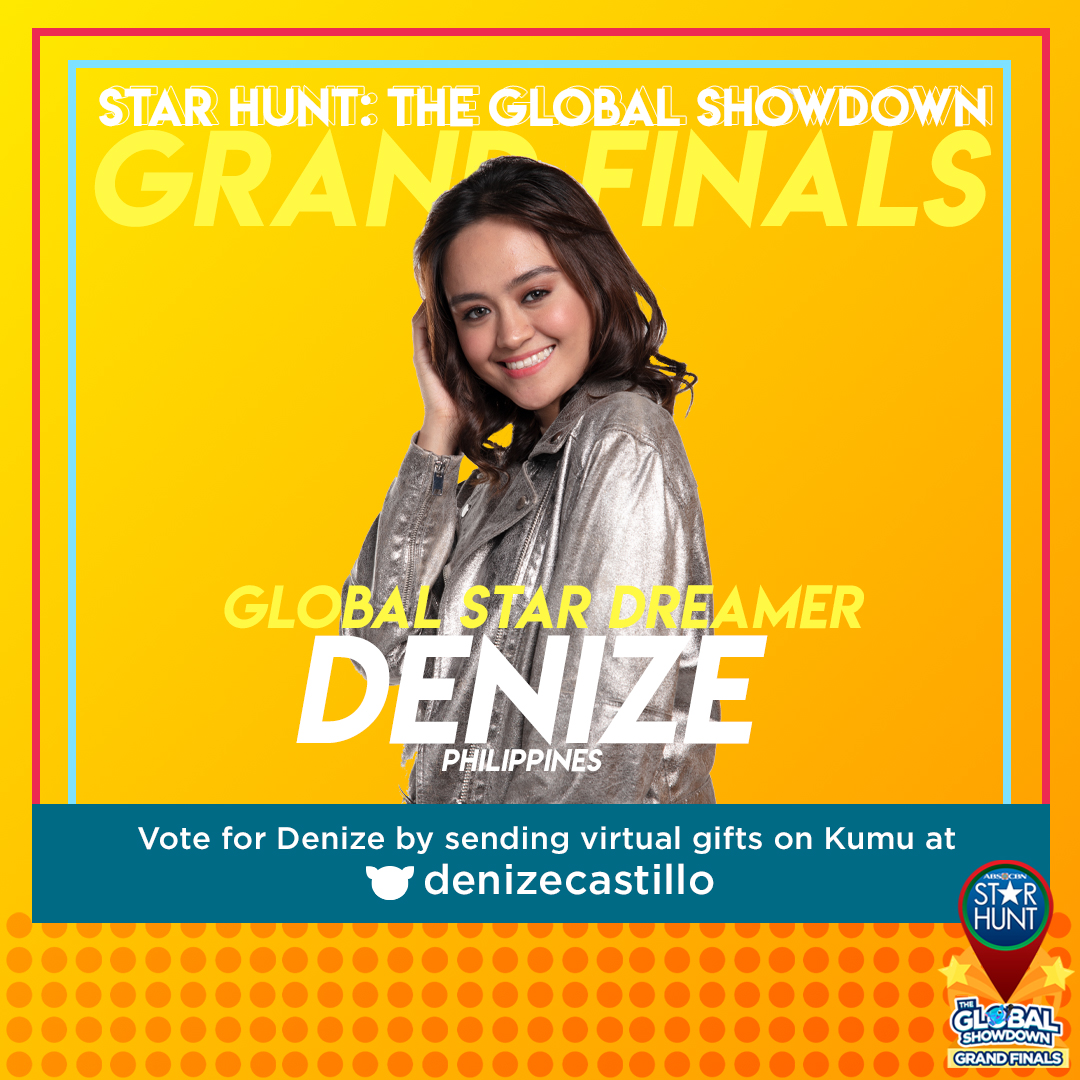 starhuntabscbn's tweet photo. Team Global! Show your support for Global Star Dreamer from Philippines, Denize! To vote, send virtual gifts on her Kumu page @denizecastillo 🌟
Watch the grand finale of Star Hunt The Global Showdown tonight at 7PM on our official FB, YT and Kumu pages ▶️https://t.co/3jPe8hX7LB https://t.co/PYkLFFmCpz