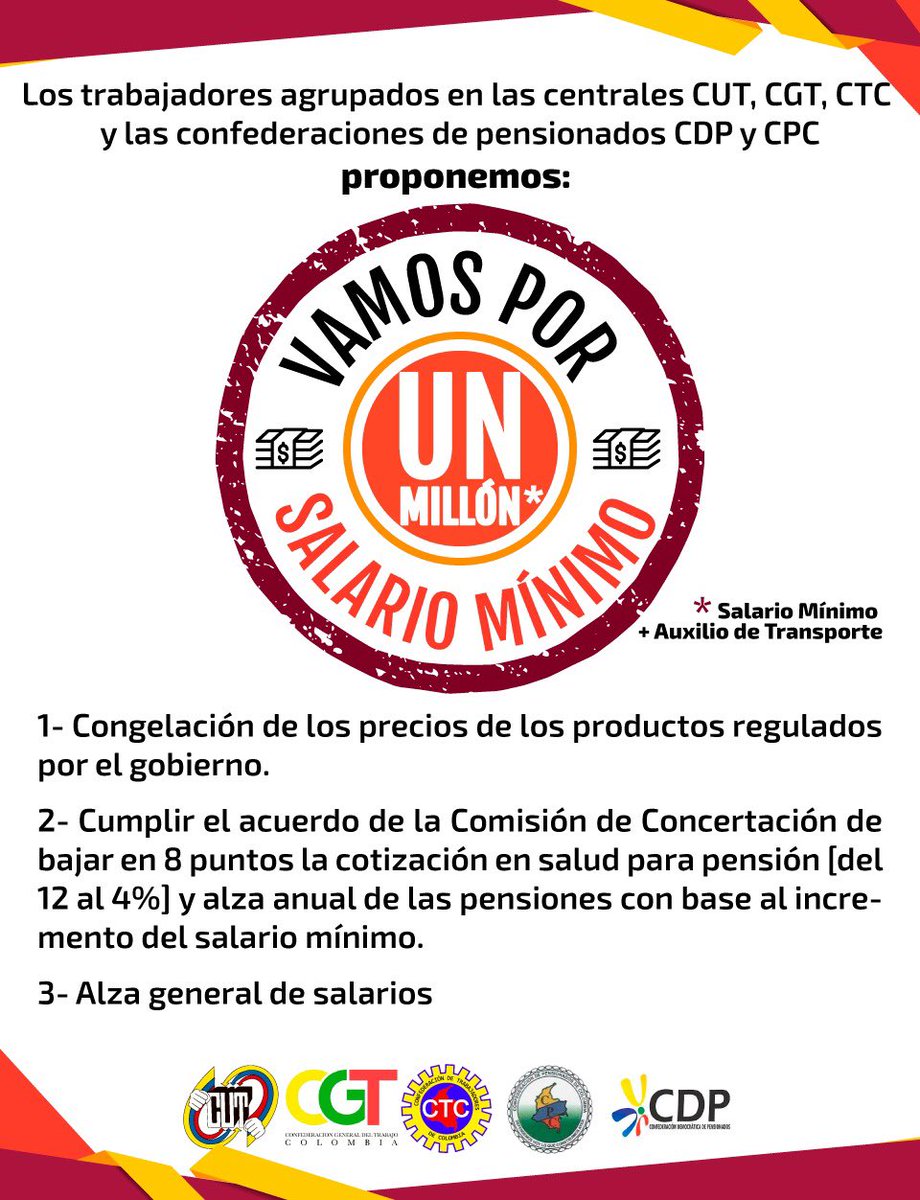 BetoC_Castro's tweet photo. Los trabajadores agrupados en las centrales @cutcolombia @CGTCol @ctccolombia y las confederaciones de pensionados CDP y CPC proponemos:

#MínimoUnMillón https://t.co/d0K0fDz4Ya