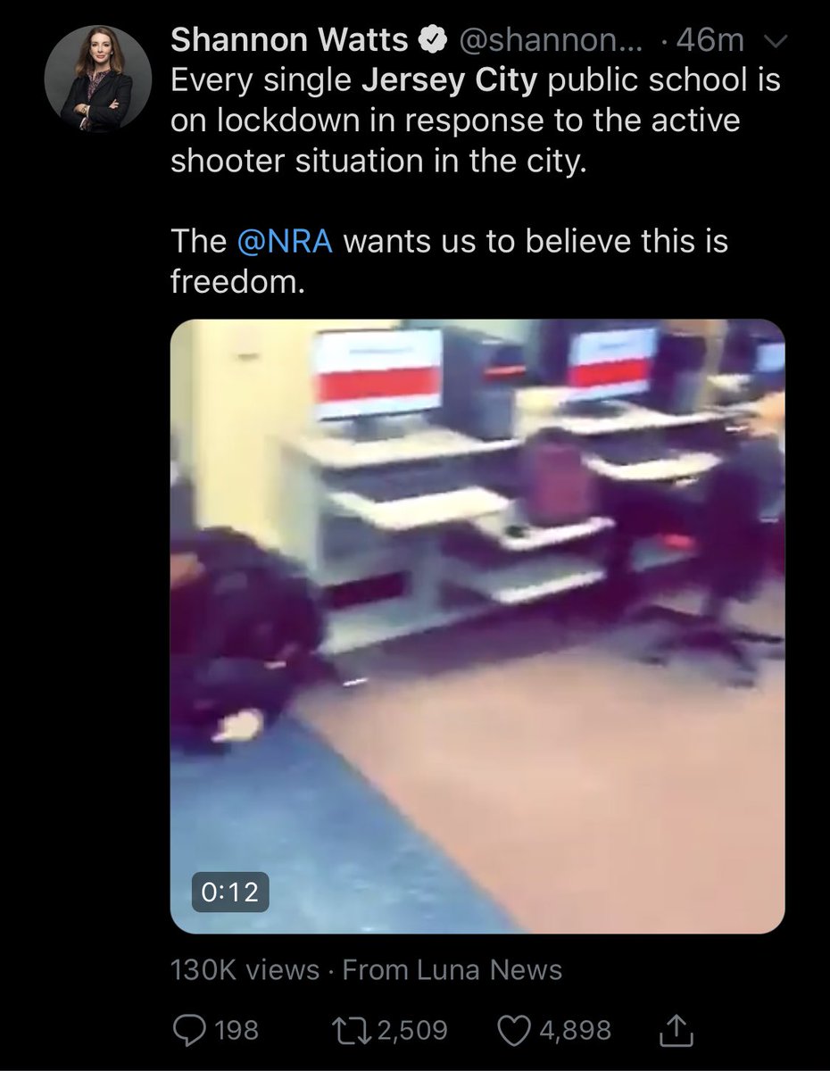 Can someone let Shannon Watts know that New Jersey has all the gun laws Democrats say they want nationally, a Dem Governor and Jersey City has had entirely Democrat mayors since 1917 except in 2001? The NRA doesn’t run NJ, Democrats do and their laws don’t stop mass shootings.