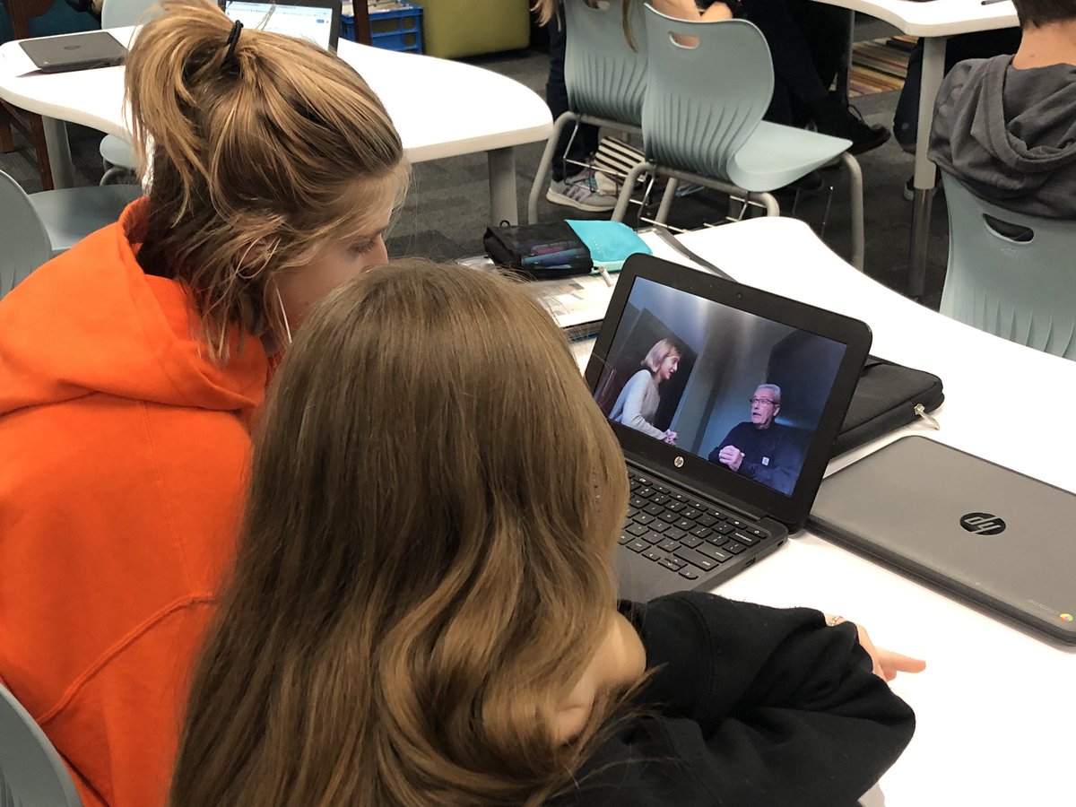 TeenTeacherLA's tweet photo. This semester, #HonorsEnglish9Krupp students interviewed family and community members for their #TuesdaysWithMorrie interview project. This week they are editing their videos. I can’t wait to see their finished projects soon! #InterviewProject #OtsegoKnights @MitchAlbom 🎥 https://t.co/APt3nbPUqw