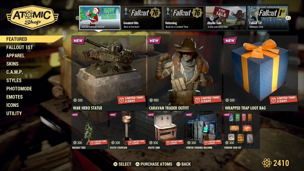 ApocalypticAri1's tweet photo. New in the Atomic Shop:
Caravan Trader Outfit
Lots of Camp Items
Freebie: Santatron Station https://t.co/GoXAgrmeak