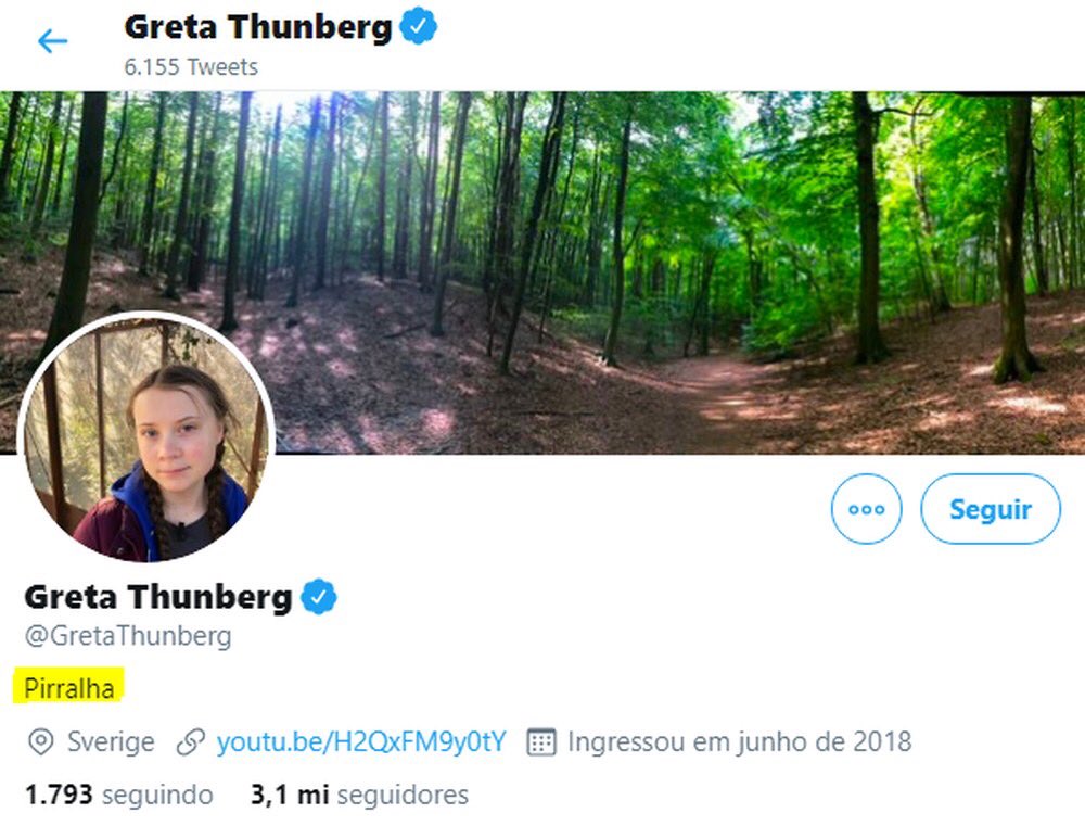 PabloMontanoB's tweet image. Bolsonaro ataca a @GretaThunberg y la llama “Pirrahla”, el equivalente de mocosa, tras las declaraciones que ella hizo sobre los asesinatos de activistas indígenas en el Amazonas.
Acto seguido Greta actualiza su bio de twitter 🙌:

g1.globo.com/politica/notic…