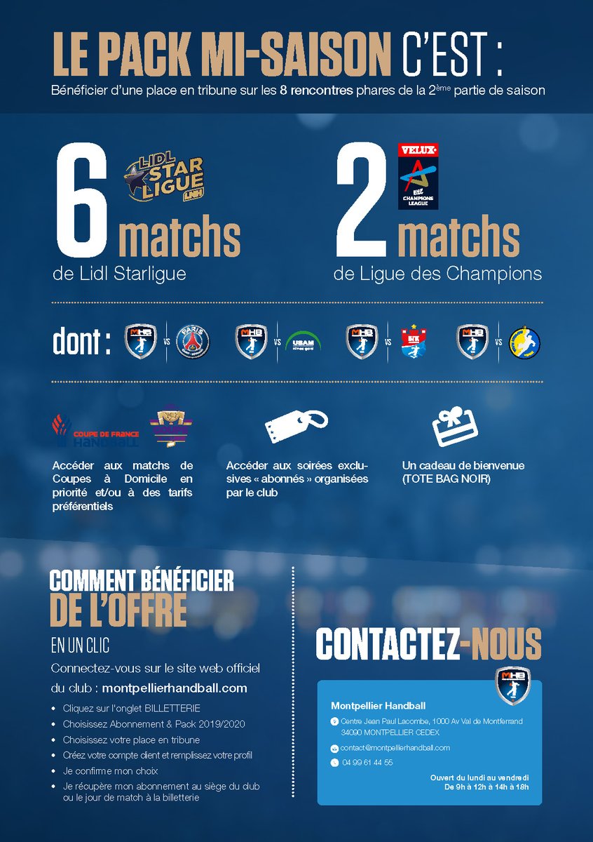 [#BonPlan] 🎄🎁 

Abonnement mi-saison enfin disponible sur montpellierhandball.com

 🎫 8 matchs⭐️ @LidlStarligue ⭐️<a href="/ehfcl/">EHF Champions League</a> à partir de 90€.

+ d'infos ➡ bit.ly/2E4Ymb2