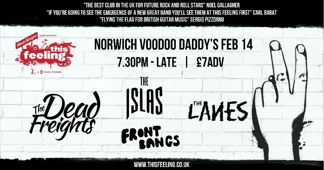 #JustAnnounced <a href="/theislasband/">THE ISLAS</a> <a href="/frontbangs/">Front Bangs</a> <a href="/THELANESUK/">THE LANES</a> join @thedeadfreights Norwich Voodoo Daddy's Feb 14

Tix: thisfeeling.co.uk