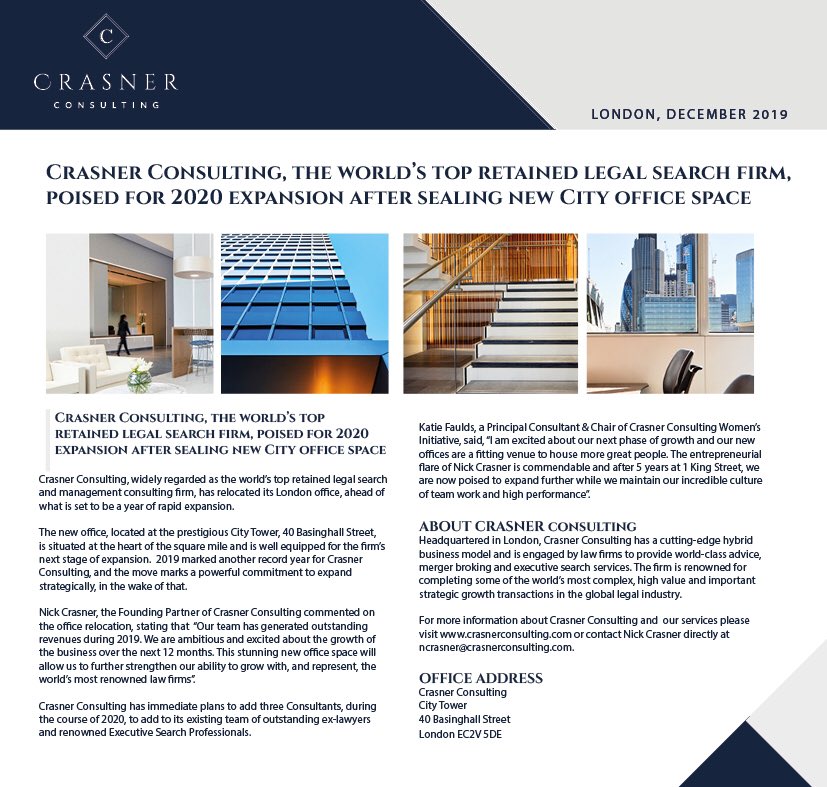 CrasnerCons's tweet photo. Crasner Consulting is delighted to announce its office relocation to City Tower, as part of our exciting 2020 growth strategy. https://t.co/UPY0mKptjF
