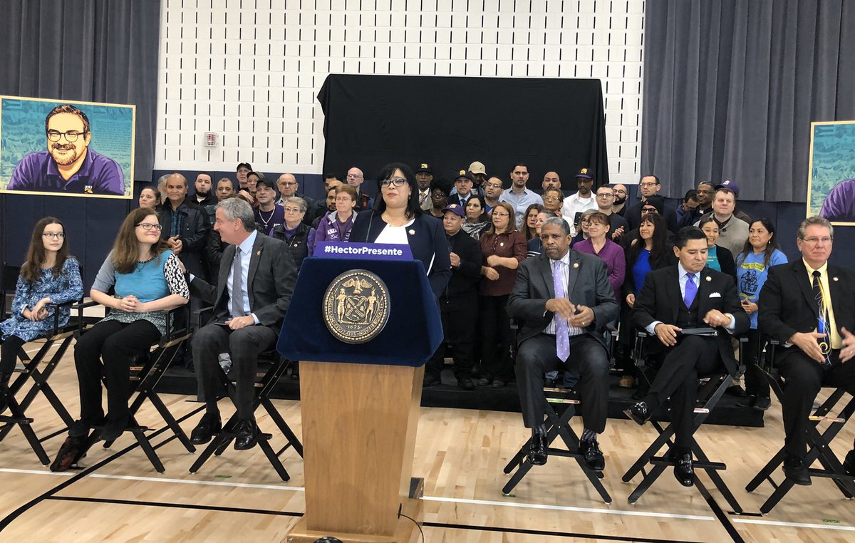 32BJSEIU's tweet photo. “We involved the whole school in the process of naming the school.” Principal at #PS398 naming  ceremony for our late leader @figue32bj #HectorPresente https://t.co/k20sdg47lr