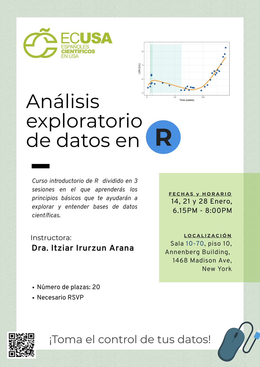 AlvaroCurielGa1's tweet image. #ECUSA_NY @comunidadECUSA a traves de la Dra. Itziar Irurzun organiza un curso gratuito de R para cientific@s los dias 14 (basico), 21 y 28 (Intermedio) de Enero en el @IcahnMountSinai. Plazas limitadas. #Computationalresearch #science 
Para apuntarse: docs.google.com/forms/d/e/1FAI…