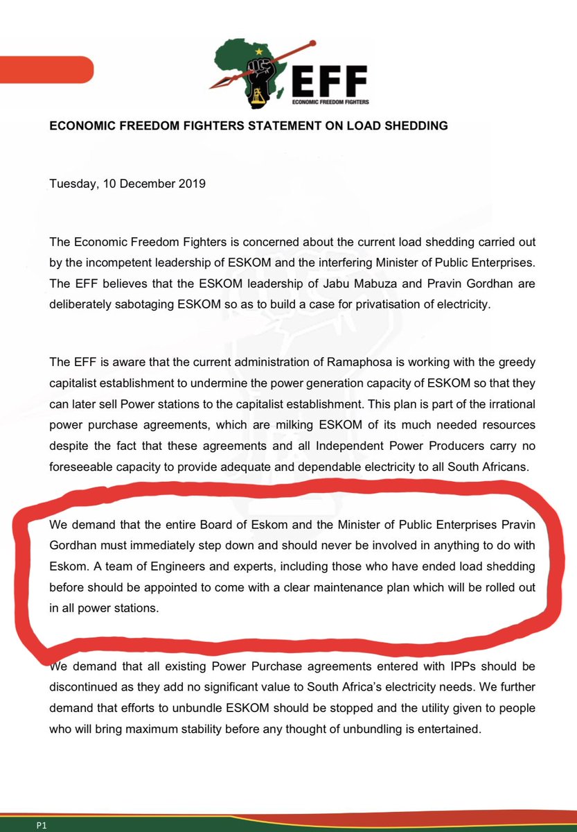 LandNoli's tweet photo. EFF on Eskom:

We demand that the entire Eskom Board &amp; Pravin must step down

A team of Engineers &amp; Experts, including those who ended load shedding be appointed

The Eskom crisis was man made, it's sabotaged by Pravin Gordhan &amp; Jabu Mabuza to sell it to their Capitalist friends. https://t.co/dhvL35Cz3o