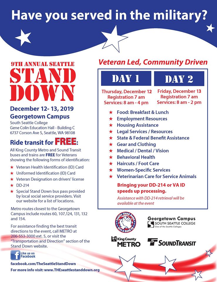 Do you know a #vet in need? #SeattleStandDown is a one-stop shop for #veterans who currently lack permanent housing or need a hand up to prevent homelessness.

Dec. 12 &amp; 13 on South's Georgetown campus. Vets ride <a href="/kcmetrobus/">King County Metro -- inactive account</a> &amp; <a href="/SoundTransit/">Sound Transit - 🚆 🚈 🚍</a> for FREE. bit.ly/344tdPj