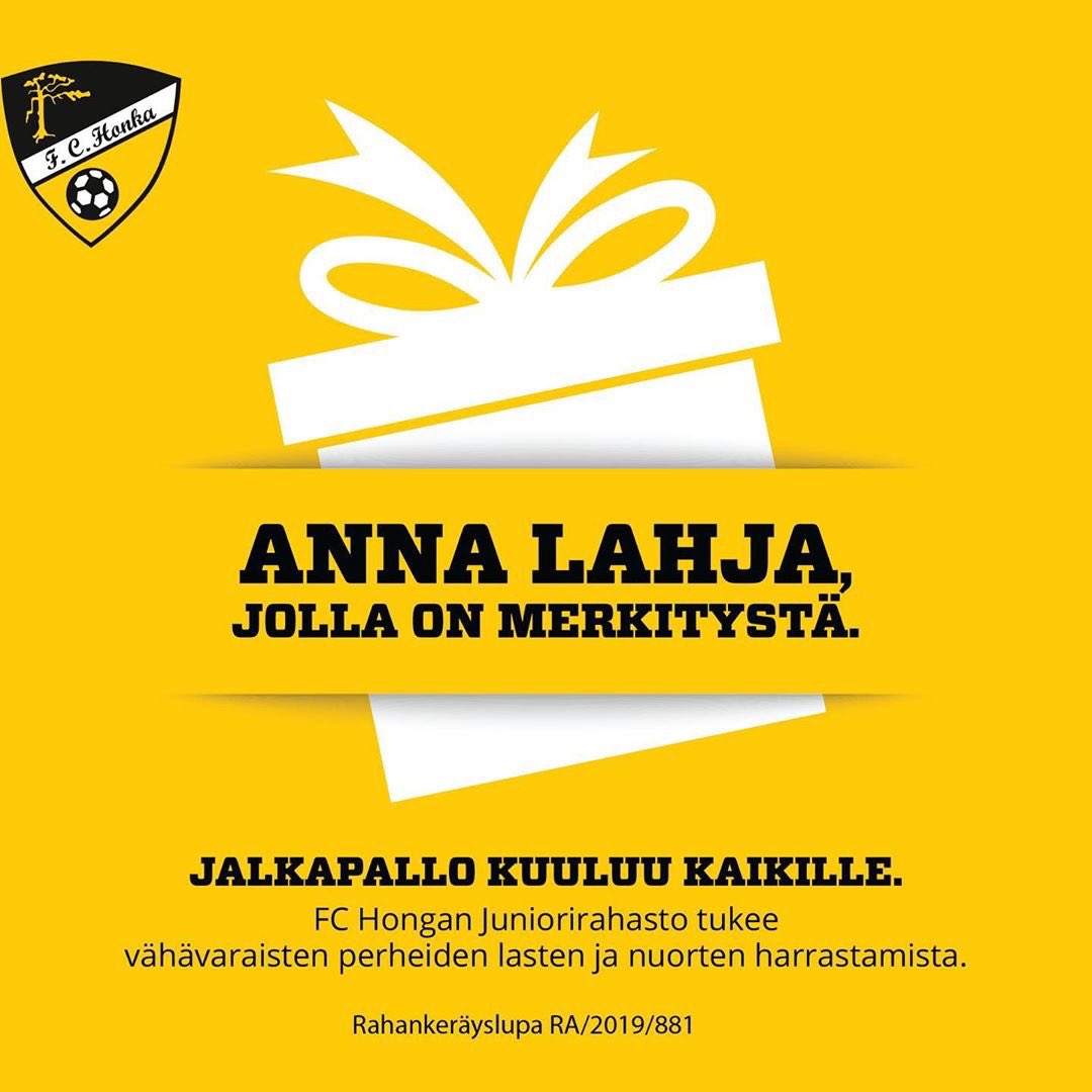 Anna lahja, jolla on merkitystä 💛. Tukesi menee lyhentämättömänä FC Hongan vähävaraisten perheiden lasten ja nuorten tukemiseen. Mahdollistetaan yhdessä jalkapallon harrastaminen kaikille! Lue lisää: fchonka.fi/joulukampanja-…