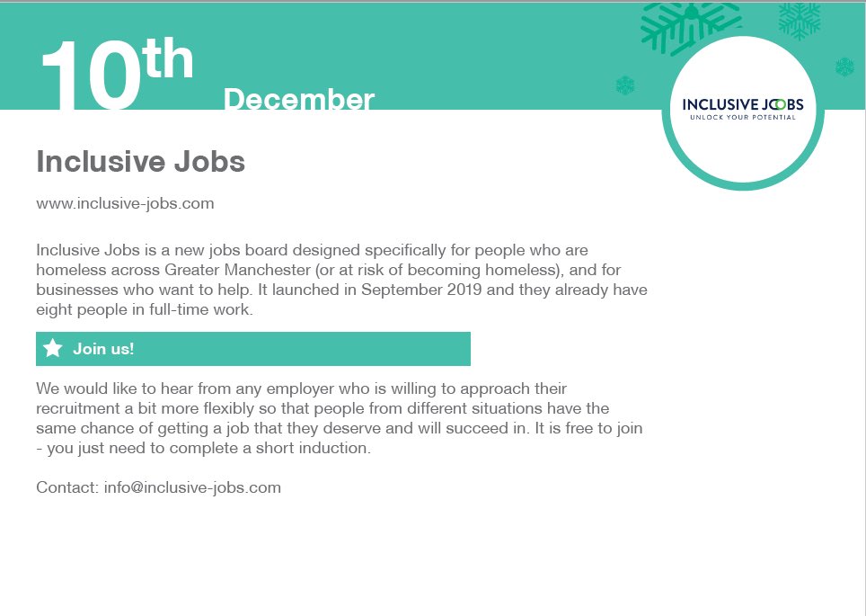 Day 10: Is your business #inclusive? If you're willing to be more open in your recruitment, get in touch this #Christmas advertise your vacancies/job opportunities inclusive-jobs.com #InclusiveEmployer #EndHomelessness tinyurl.com/rtn7byk