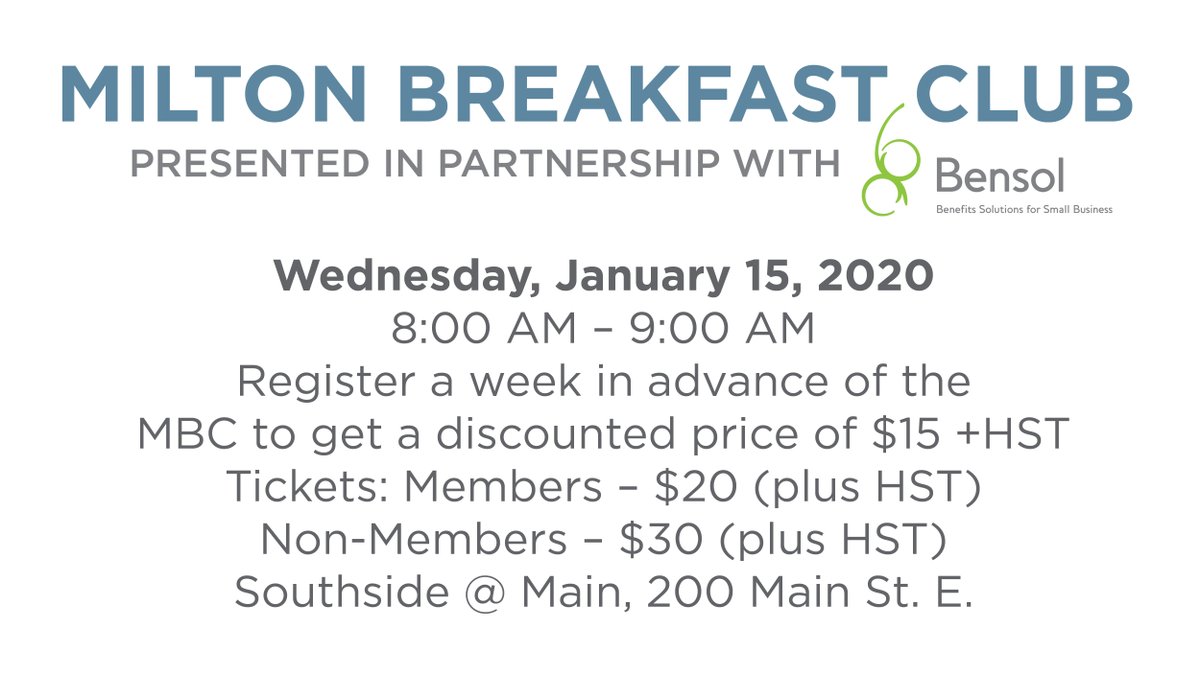 We are excited to announce the return of our Monthly Breakfast Club presented in partnership w <a href="/BensolBenefits/">Bensol Consulting</a>. This ticketed monthly breakfast will be held the 2nd Wednesday of each month (3rd Wednesday in Jan) 8 am-9am <a href="/southsidemilton/">Southsidemilton</a> Register at ⬇️ miltonchamber.ca/events/milton-…