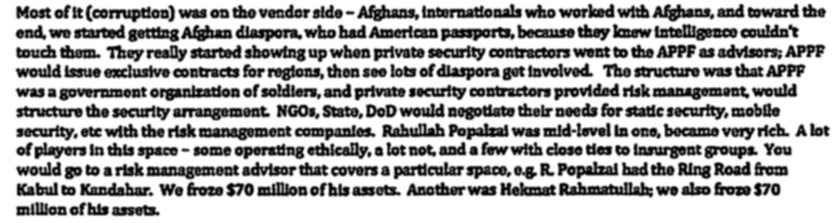 Late in the war, the Afghan diaspora living in the US started to get in on the corruption, since they knew that having American passports made it easier to get away with.  https://www.washingtonpost.com/graphics/2019/investigations/afghanistan-papers/documents-database/?document=background_ll_03_xx_dc_10062015 42/n