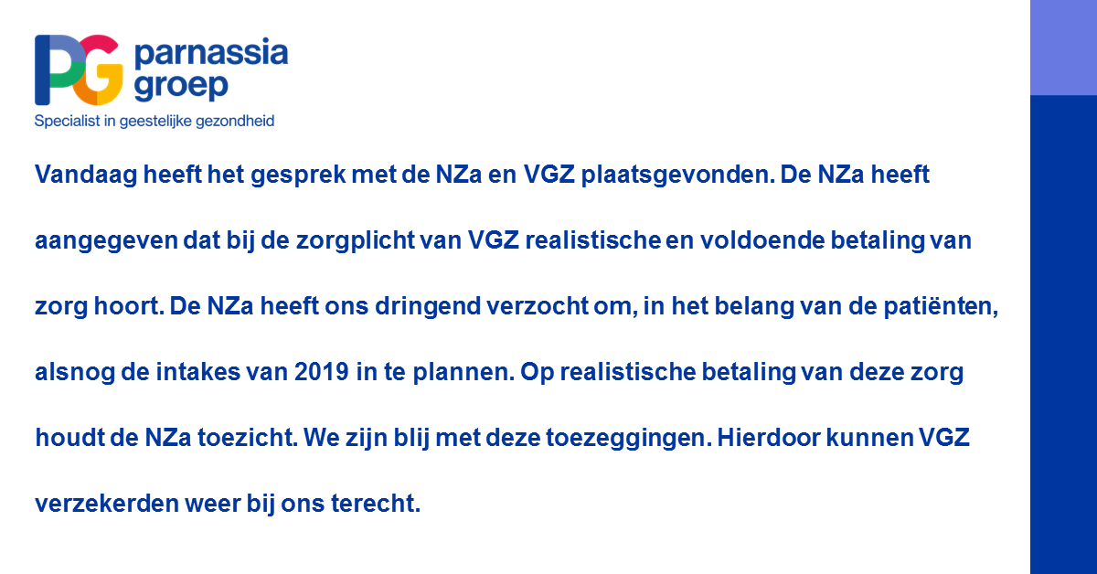 Vanochtend heeft het gesprek met de <a href="/Zorgautoriteit/">Nederlandse Zorgautoriteit</a> en <a href="/VGZ/">Coöperatie VGZ</a> plaatsgevonden. parnassiagroep.nl/wie-we-zijn/ni…