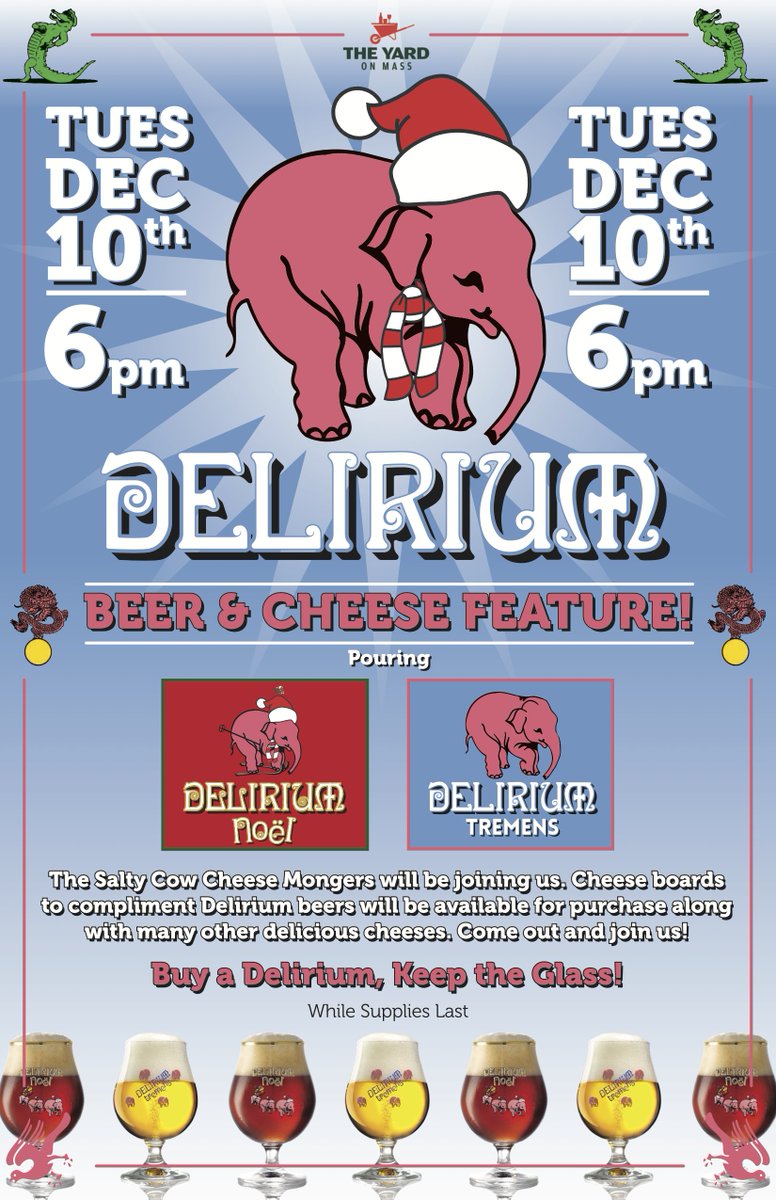 TheYardOnMass's tweet photo. Join us tonight, 12/10, for our first featured brewery night at 6pm! Serving up Delirium Noel and Delirium Tremens paired with offerings from The Salty Cow Cheese Mongers

* Buy a Delirium, Keep the Glass * while supplies last.

#delirium #thesaltycowcheese #theyardonmass https://t.co/ZWeS8gLc2B