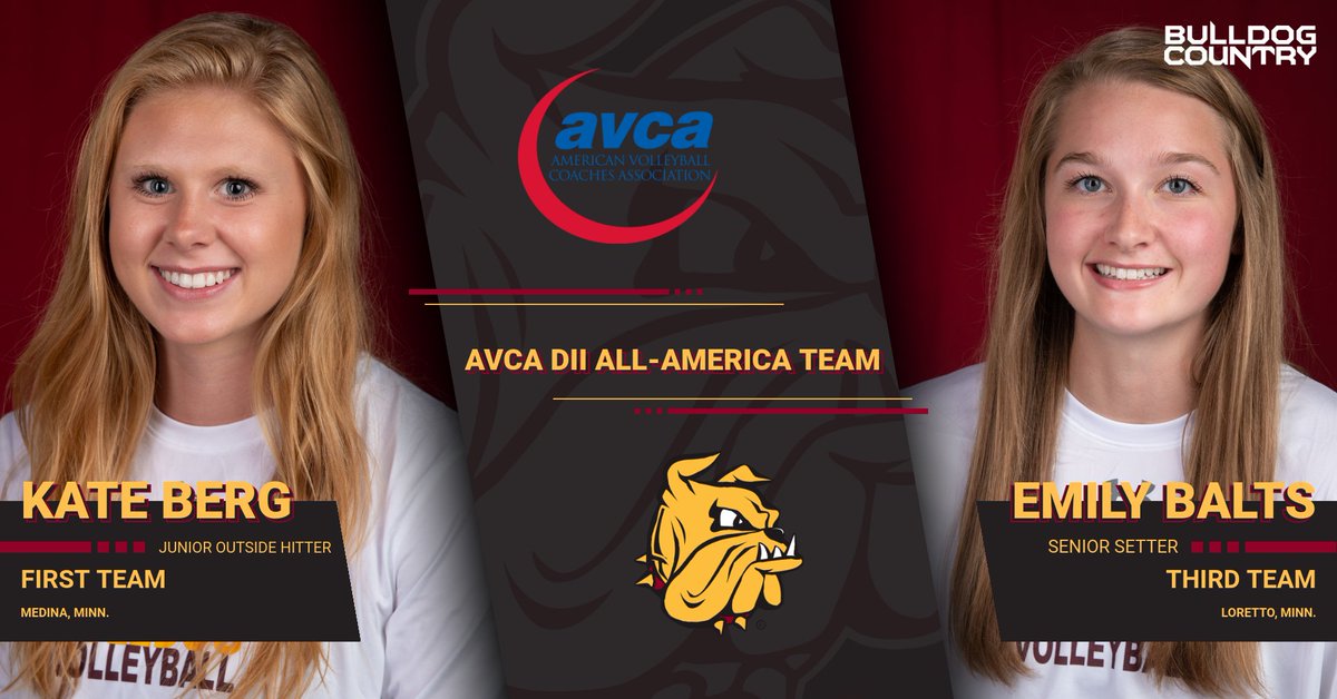 JUST IN: <a href="/UMDVolleyball/">UMD Volleyball</a>'s Kate Berg and Emily Balts have been named to <a href="/AVCAVolleyball/">AVCA</a> All-American Teams!! Congrats to Kate and Emily!
🏐🏐
Release bit.ly/2LG8RFO
AVCA Release bit.ly/36kKrJL

#BulldogCountry