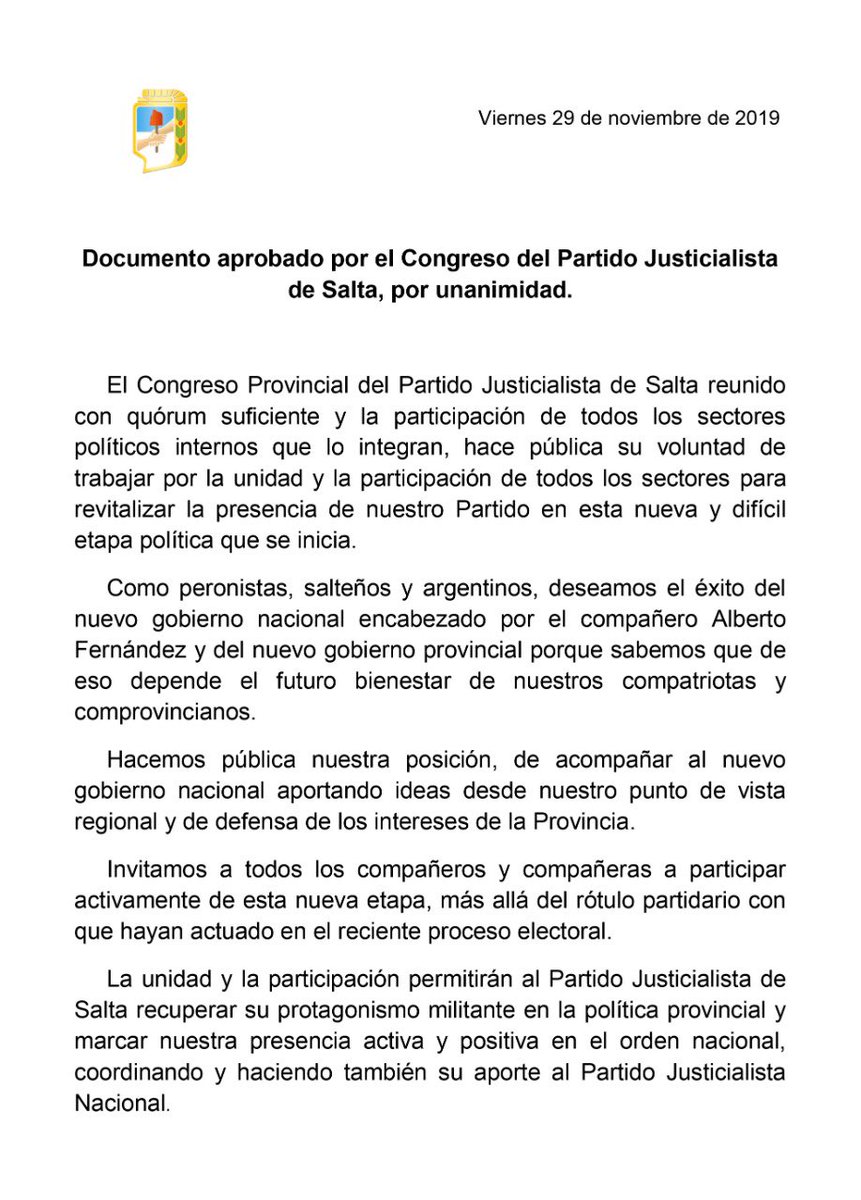 Hoy comienza una nueva etapa en todo el país y desde el Partido Justicialista de Salta ratificamos la vocación de trabajar por la unidad de los argentinos deseándole al Presidente <a href="/alferdez/">Alberto Fernández</a> y al Gobernador <a href="/GustavoSaenzOK/">Gustavo Sáenz</a> exitos en sus gestiones. Nuestro pueblo lo necesita