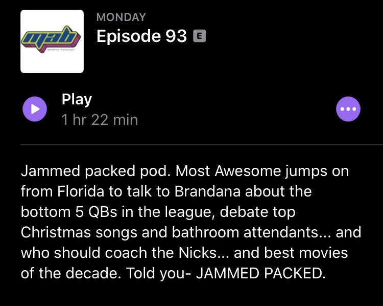 MAB_Sports's tweet photo. Episode 93 is out. It’s a must listen. And there is a fun game in this bio #findthetypo
.
#podcast #typo #qbs #bathroomattendants #bestmovies2010s
#worstmovies2010s #christmasmusic #Knicks #mettaworldpeace #mabsports https://t.co/nnzvY9NOsB