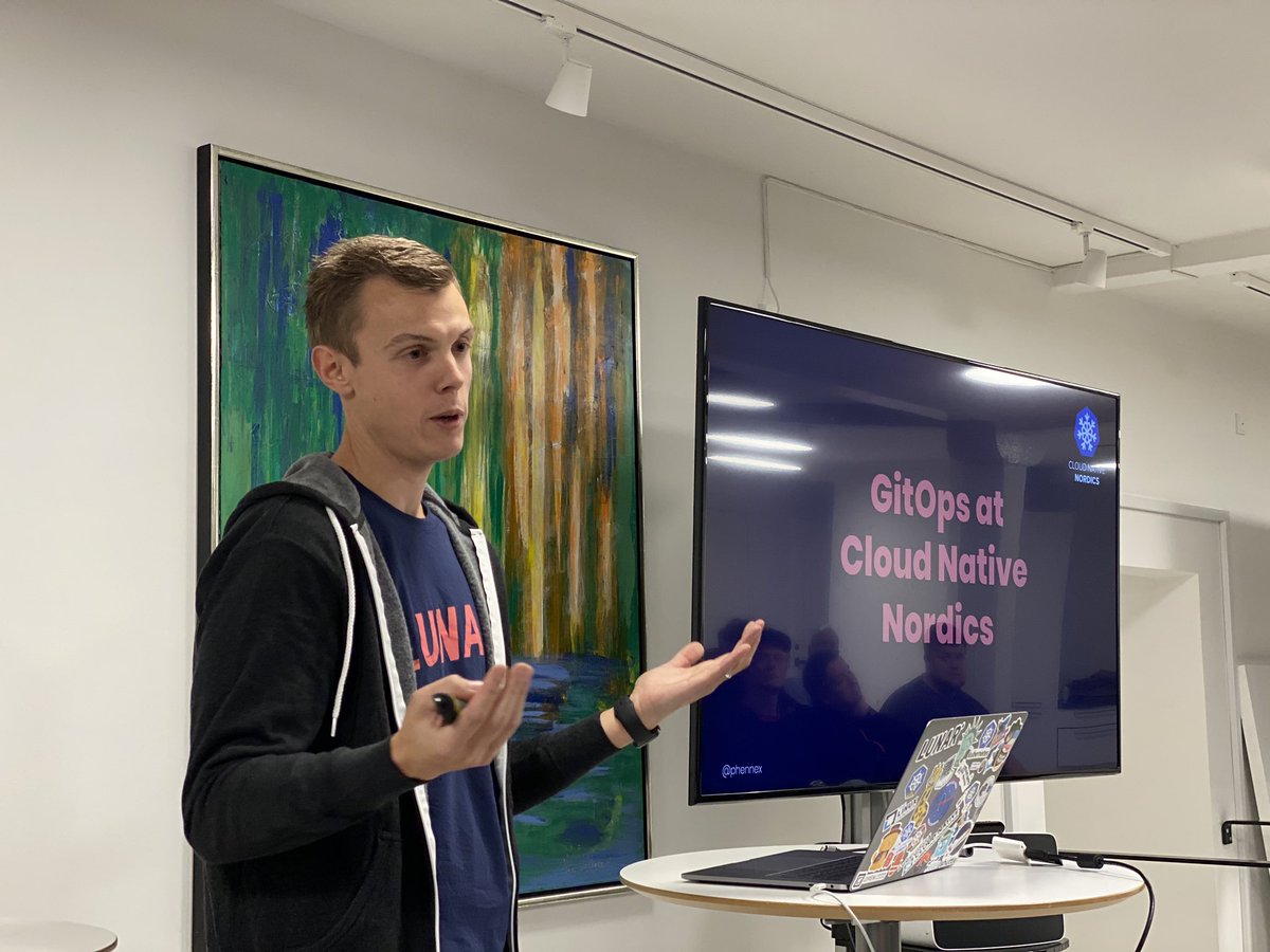 hansarnholm's tweet photo. Awesome presentation on GitOps by #cloudnativeaarhus โs own @phennex including all the magic behind the curtains that make it work in the enterprise. #cloudnativecph https://t.co/7VwI1DUWJd