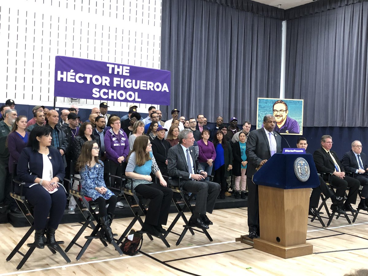 32BJSEIU's tweet photo. President @kyle32bj: “the naming of this school in Queens after Héctor is just so fitting. Héctor was a nurturer I’m so many different ways.” @SEIU @32BJSEIU #HectorPresente https://t.co/n7qJS2b8qU