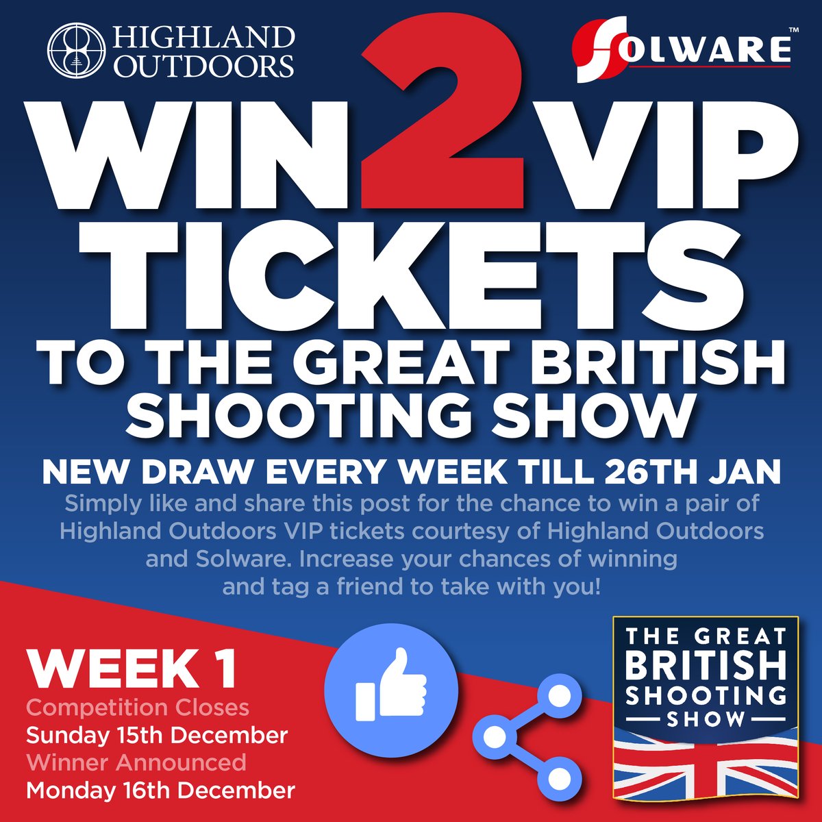🇬🇧🎟The Great British Shooting Show TICKET GIVEAWAY! 🎟🇬🇧

Simply do the following for the chance to win a pair of VIP tickets to The Great British Shooting Show. 
1. Like
2. Share
3. Tag a Friend

New draw every week till 26th Jan. Winners will be announced on the Monday.