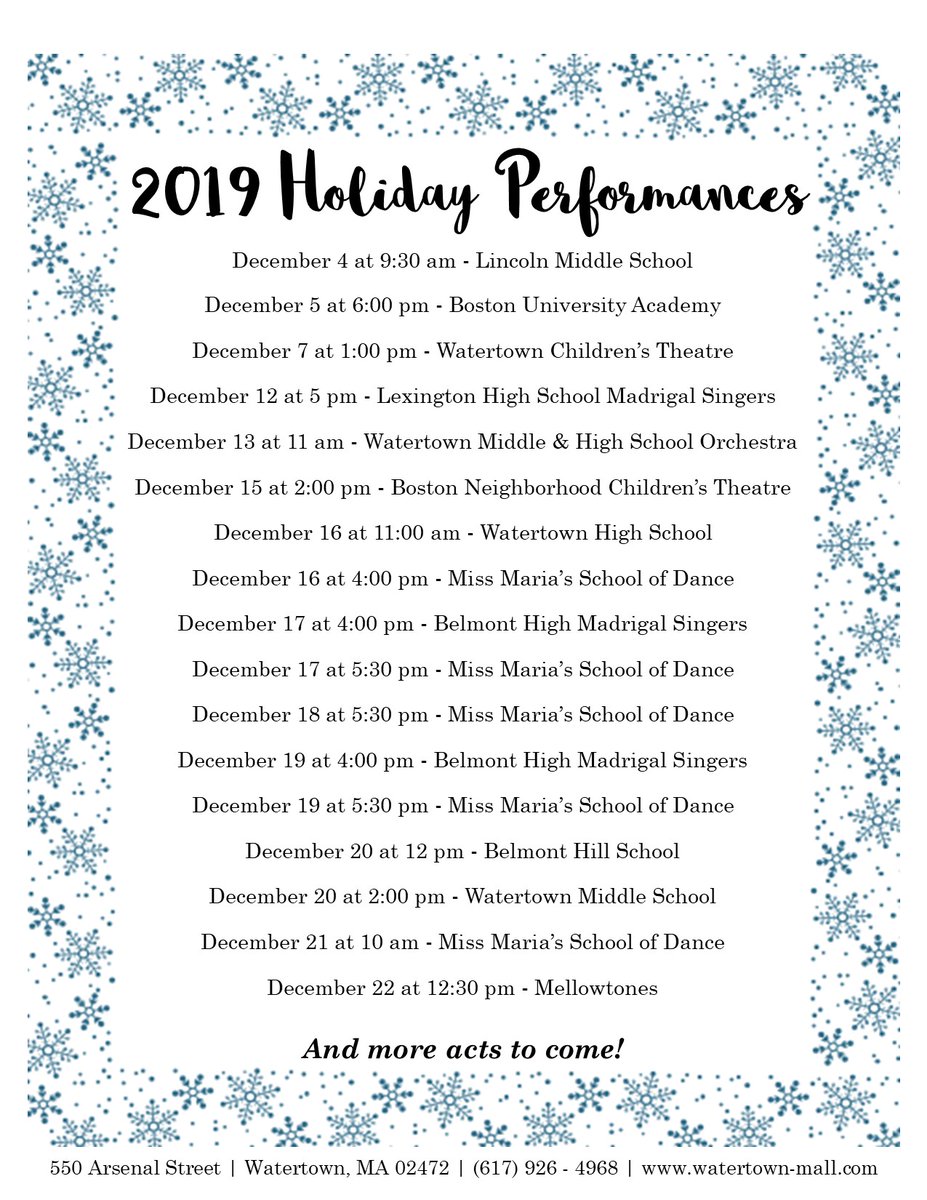 WatertownMallMA's tweet photo. We’ve added more performers to our Holiday Performance schedule! Come by to get in the holiday spirit with us at the Watertown Mall. https://t.co/OaUCGxhYlZ