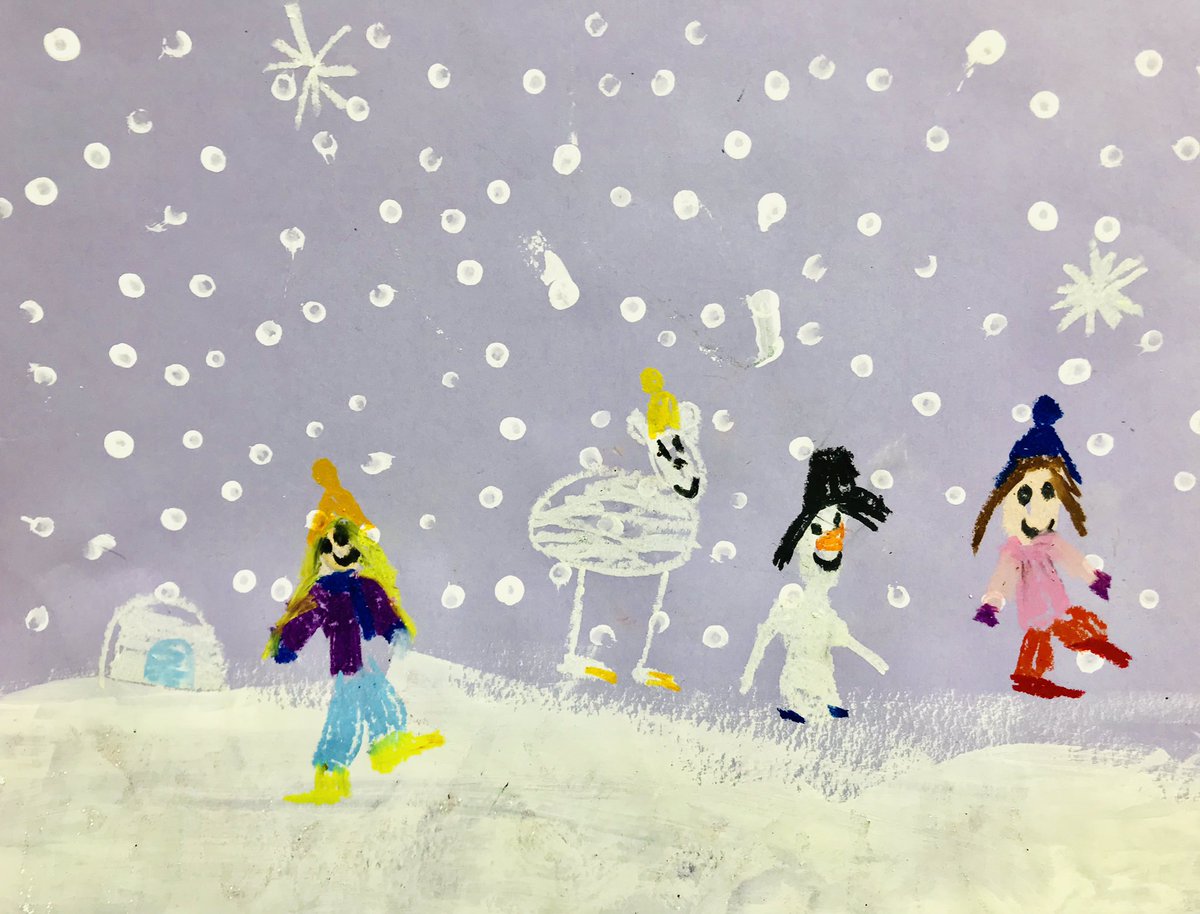 TigerTOESart's tweet photo. The weather may have teased us today but Kinders are still enjoying a Snow Day in the art room! We study the science of snowflakes and are inspired by artist Grandma Moses to create our own snowy, glittery scenes. ❄️ ⛄️ @TaraOaks_ES #ColliervilleArts https://t.co/gZjdxrfIo1