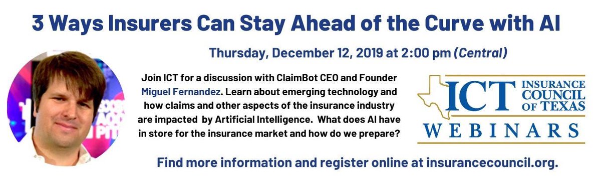 ClaimbotTweets's tweet image. Join @InsCouncilTx webinar this Thursday| 2:00 PM CST. 
.
Our co-founder @fernandezcw will be sharing how insurers can stay ahead of the curve with #AI 
.
Register- insurancecouncil.org