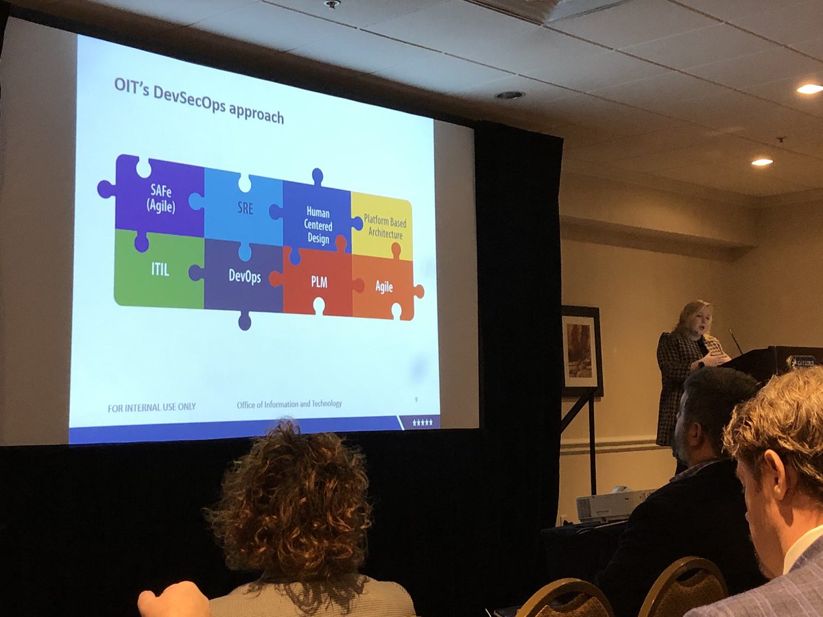 mikehking's tweet photo. Exciting to hear @NicoleGilbride emphasize VA’s focus on modernizing how they do technology work across many big, concurrent domains, including big shifts including #SAFe, #SRE, #DevOps, Product Line Mngmt, #HCD, and platform-centric architectures #NVSBE2019 https://t.co/eYhKNdXwr1
