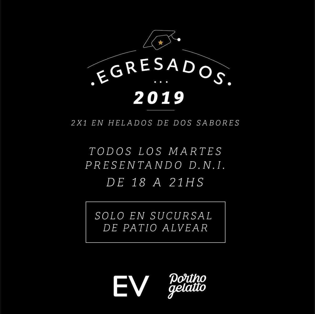 Si sos un #evegresado2019, ¡tenemos una noticia bomba para vos! 

A partir de hoy, vas a poder disfrutar de un 2x1 en helado de 2 sabores en <a href="/porthogelatto/">Portho</a> del Patio Alvear 🍦😍

Mirá cómo aprovechar esta promo 👇🏽