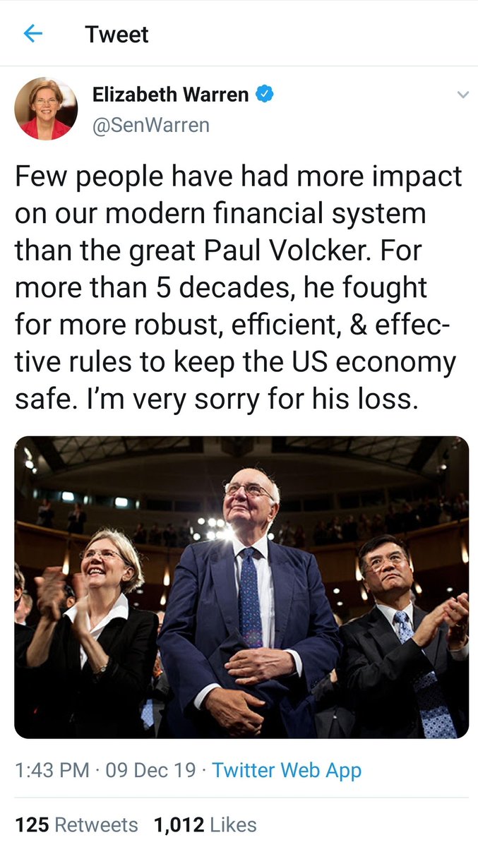 Michell90013145's tweet image. Just in case anyone had any doubt as to whether Elizabeth Warren is "progressive", she states that Paul Volcker "fought to keep the economy safe" &amp;amp; is "very sorry for his loss".

Here's the Jacobin's take on Volcker:
jacobinmag.com/2019/12/paul-a…

#CorporateParty #OnePartySystem