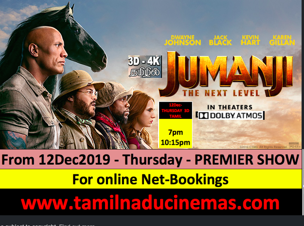 TamilnaduCinmas's tweet photo. #JumanjiTheNextLevel #3DTAMIL Dec12th(Thursday) Paid previews @ 7pm & 10.15pm @TAMILNADUCINMAS #Tirupur
Booking Open at
https://t.co/Cl0M4d8bBX https://t.co/XS9sSa5Kov