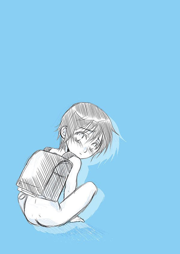 Satoru blushes as he sits naked with nothing on but his school bag.