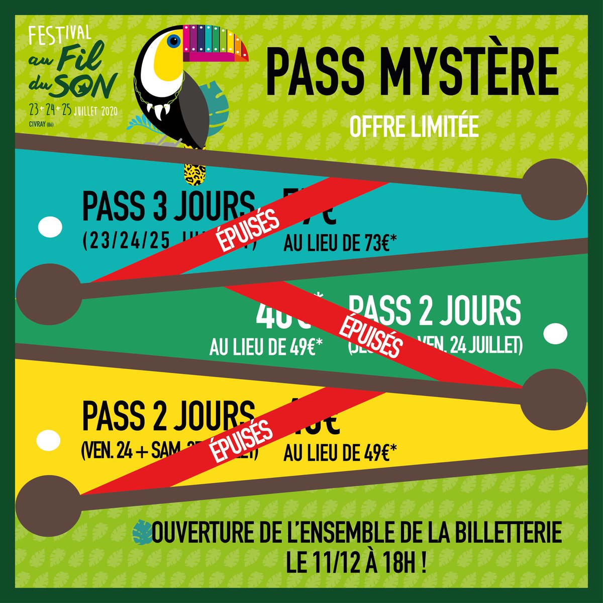 FestivalAFDS's tweet photo. [BILLETTERIE]

Les Pass' Mystères sont ÉPUISÉS !!! Merci à tous pour votre confiance 😍

La billetterie complète ouvrira demain à 18h sur notre site internet 😉

Mais avant cela, rendez-vous à 12h pour découvrir le début de la programmation 🎉

#AFDS2020 https://t.co/cqvbg3vEQk