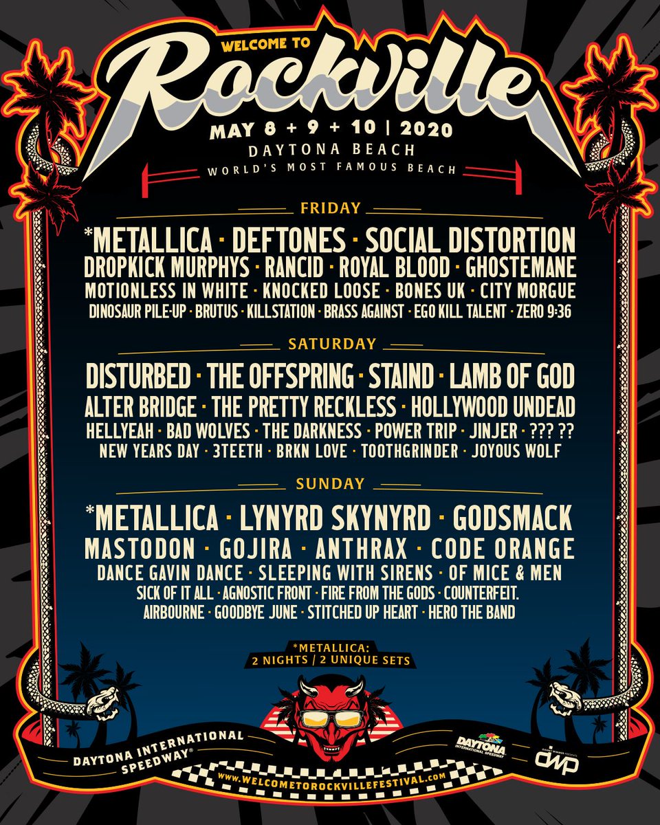 RockRevoltMag's tweet photo. Welcome to Rockville 2020 Full Lineup Revealed! Buy weekend and single day passes NOW: https://t.co/sbrtcXfWO2 #welcometorockville #dannywimmerpresents #daytona #daytonabeach #florida #daytonainternationalspeedway #Metallica #Disturbed #LynyrdSkynyrd #Deftones #RockRevoltMagazine https://t.co/DfZI2j62ZF