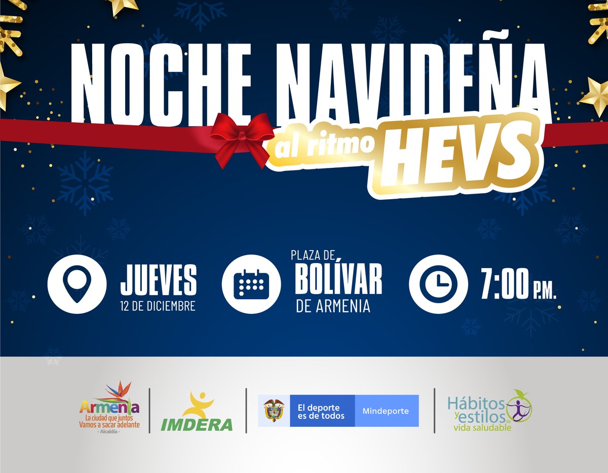 ImderaArmenia's tweet photo. 🗣 #IMDERA #HEVS
.
Este jueves 12 de diciembre se realizará un evento masivo de actividad física dirigida musicalizada en la Plaza de Bolívar de Armenia a partir de las 7:00 p.m.
.
⚽🏐🎽🥅🏀🏃🏽
.
#EscuelasdeFormaciónDeportiva #RecreandoComunidad #AlcaldíadeArmenia https://t.co/k6YOvrsB7n